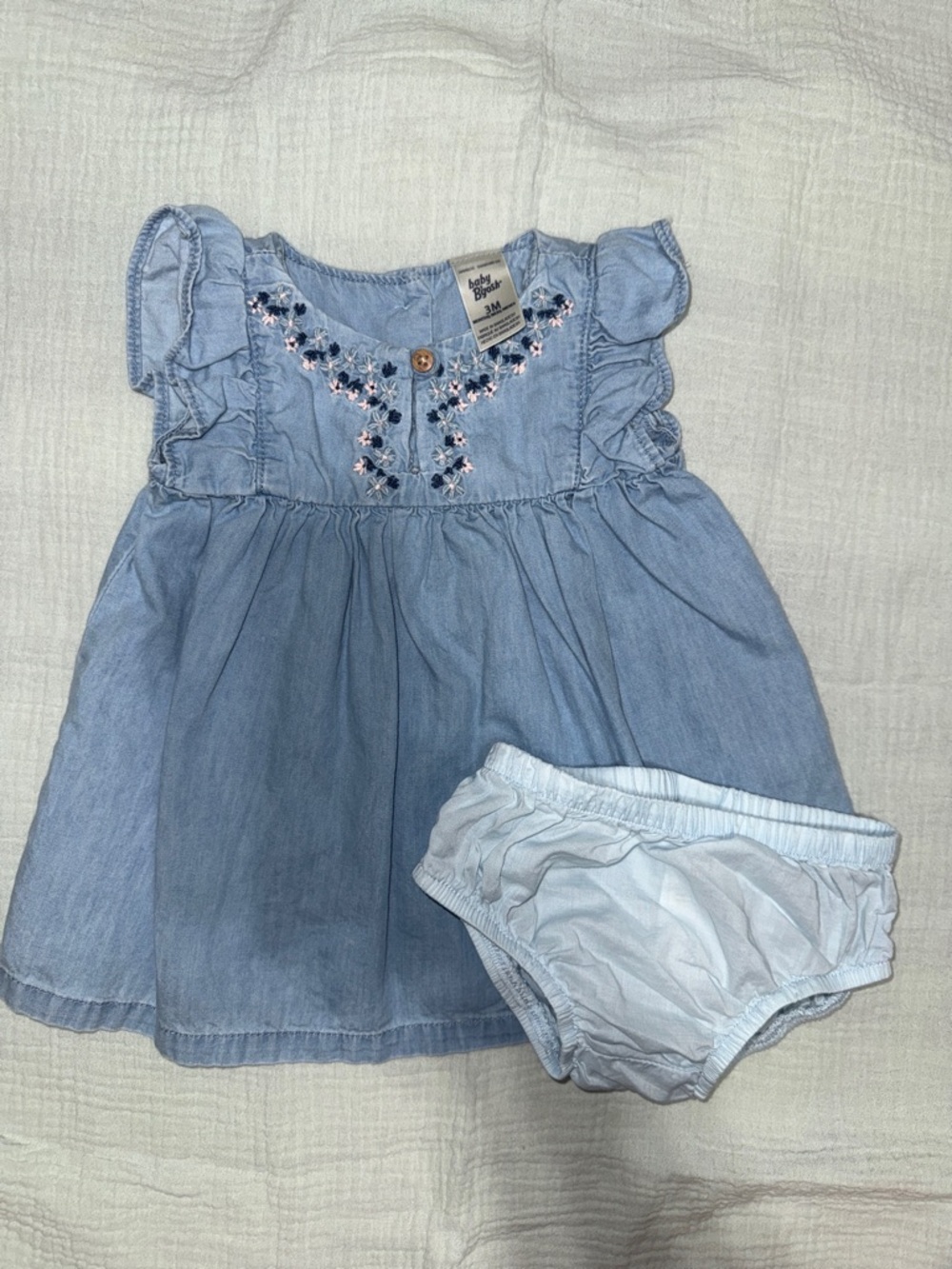 Child of Mine Light Blue Embroidered Denim Dress with Bloomers 3M